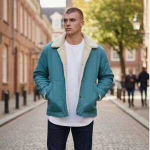 Zara Men’s Green Aqua Faux Sherpa Lined Heavy Denim Chore/Trucker Coat Medium
